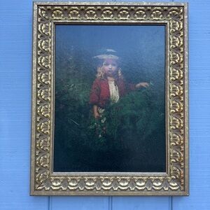 Oil o canvas with frame  vintage painting girl in a garden decorative art 24½×20